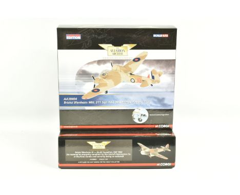 TWO LIMITED EDITION 1:72 SCALE CORGI AVIATION ARCHIVE DIECAST MODEL AIRCRAFTS, the first is a Bristol Blenheim IV numbered AA