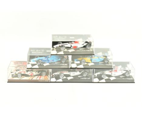 SIX  MINICHAMP 1.43 SCALE DIECAST MODELS, to include a Benetton Renault Sport B201 GP USA 2001 J. Button, model no. 400 01010