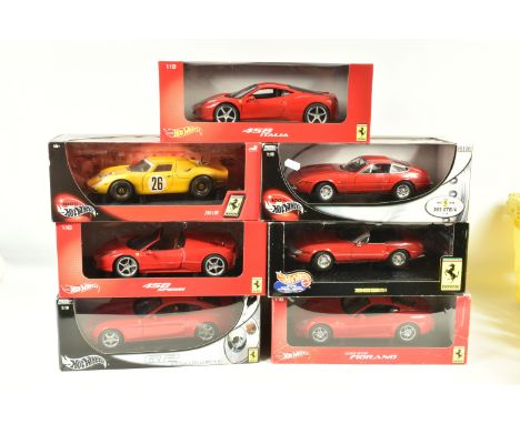 SEVEN BOXED MATTEL HOT WHEELS METAL DIECAST 1:18 SCALE MODEL FERRARIS, to include a  458 Italia  in red, model no. T6917,  a 