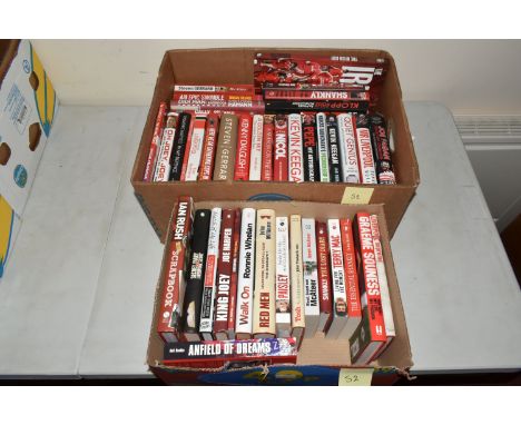 LIVERPOOL FOOTBALL CLUB INTEREST: TWO BOXES OF HARDBACK AND PAPERBACK BOOKS, approximately forty-four titles of history of th