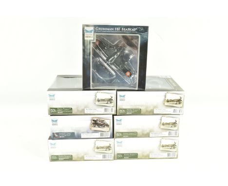 SEVEN BOXED 1:72 SCALE SKY MAX DIECAST MODEL MILITARY AIRCRAFTS, to include a Hawker Tempest V, NV724 Free French Air Force n