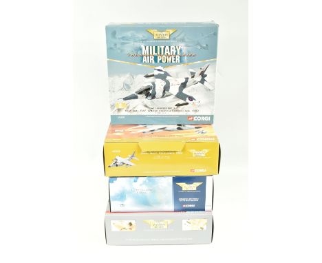 FOUR BOXED 1:72 SCALE CORGI AVIATION ARCHIVE DIECAST MODEL AIRCRAFTS. the first is a Harrier GR.3 XZ997 Falklands numbered AA