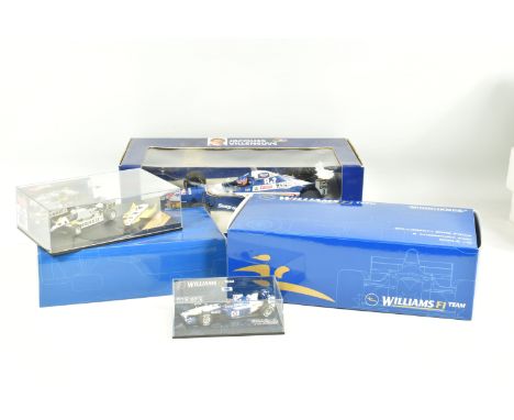 FIVE BOXED DIECAST METAL RACING CARS, to include a PMA Minichamps 1:43 scale Williams F1 FW24 BMW no. 6, Blue and White,  200