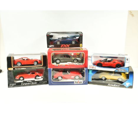 SEVEN BOXED  METAL DIECAST MODEL CARS, to inclue a Maisto Ferrari 550 Maranell 1:18 scale in red, model no. 31839, a Special 