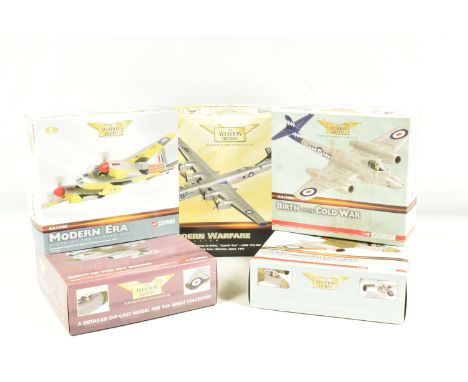 FIVE BOXED CORGI AVIATION ARCHIVE 1:72 SCALE MODEL AIRCRAFTS, to include a Gloster Meteor F.Mk.8, item no. AA35010, a De Havi