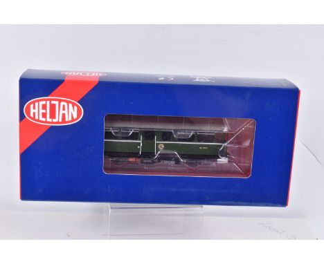 A BOXED OO GAUGE HELJAN MODEL RAILWAY RAILCAR, no. W79977 in BR dark green livery with small yellow warning panels and white 