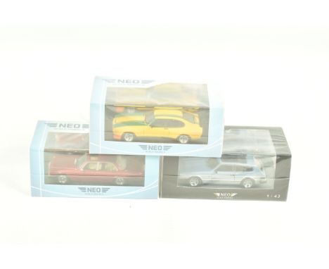 THREE BOXED NEO 1:43 SCALE RESIN MODEL CARS, to include a Daimler XJ Mark III Double Six Vandenplas 1986 in Red, model no. NE