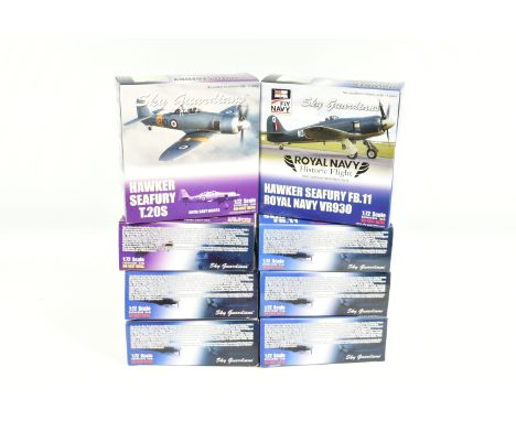 EIGHT BOXED 1:72 SCALE SKY GUARDIANS HAWKER SEAFURY DIECAST MODEL AIRCRAFTS, the first a FB.11 WE683:109-ST1831 Sqn, item num