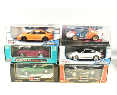 SIX BOXED METAL DIECAST 1:18 SCALE MODEL PORSCHES, to include an Anson  911 Carrera2 Targa in purple, model no. 30305-W, a Ma