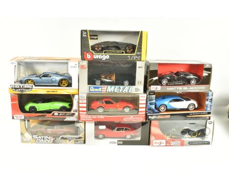 TEN BOXED 1:24 SCALE DIECAST MODEL SPORT CARS, to include a  MotorMax Pagani 2012 Huayra Roadster in green , item no. 79354, 