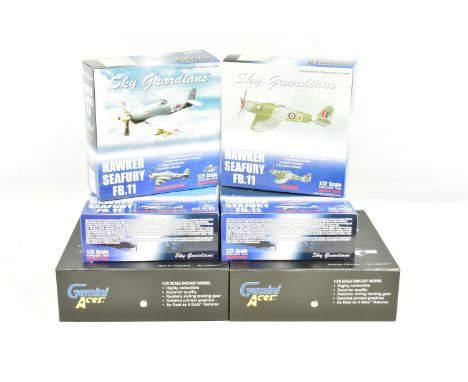 A COLLECTION OF FOUR SKY GUARDIANS AND TWO GEMINI ACES 1:72 SCALE DIECAST MODEL AIRCRAFTS, the first a Hawker Seafury FB.1180