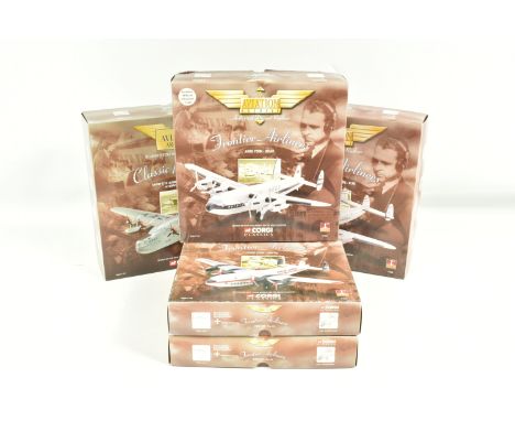 FIVE BOXED 1:44 SCALE CORGI CLASSICS AVIATION ARCHIVE DIECAST MODEL AIRCRAFTS, comprised of four Frontier airliners models an