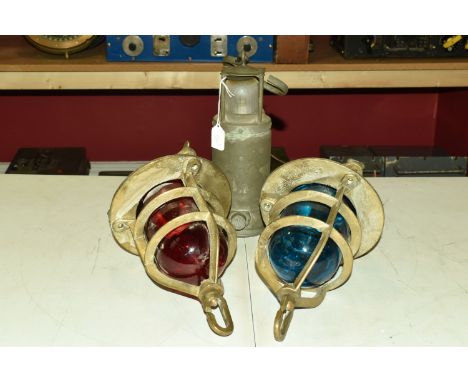 TWO TWENTIETH CENTURY ROYAL NAVY SHIPS CONVOY RUNNING LIGHTS AND AN ELECTRIC MINERS LAMP, the ships lamps are port and starbo