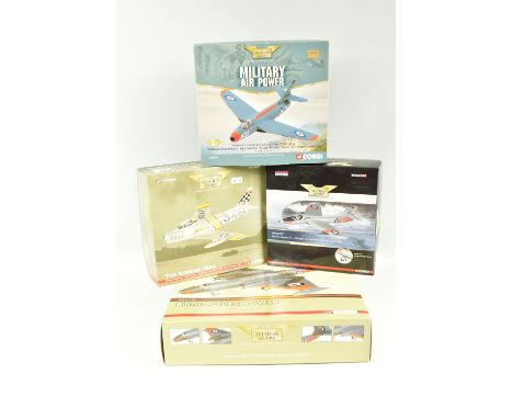 FOUR BOXED 1:72 SCALE CORGI AVIATION MODEL MILITARY AIRCRAFTS, the first a limited edition Military Air Power Hawker Hunter G