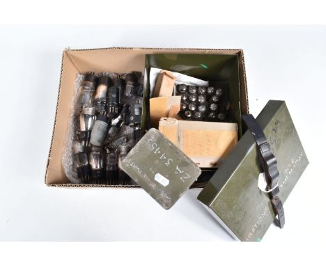 A GREEN ARMY ONE DAY RATIONS TIN CONTAINING A QUANTITY OF BULBS AND THERMIONIC TUBES (VALVES), includes Mullard DF91, EF91, D
