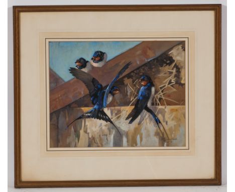 RALSTON GUDGEON,
SWALLOWS
watercolour, signed
30cm x 40cm
Mounted, framed and glazed
label verso T. & R. Annan & Sons 
