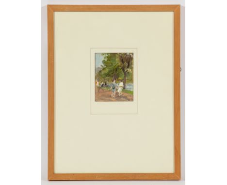 HUGH KIRKWOOD,
BREEZY DAY, NESS WALK and GARDEN BENCH
each oil on board, a pair, 
each 12cm x 9cm 
mounted, framed and under 