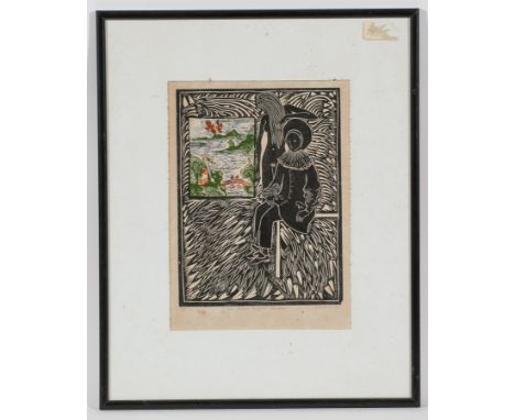 * ANGELA LEMAIRE (20TH CENTURY),
TWO ACTORS BEFORE WINDOW 
linocut print,signed and dated in pencil '77, also titled and numb