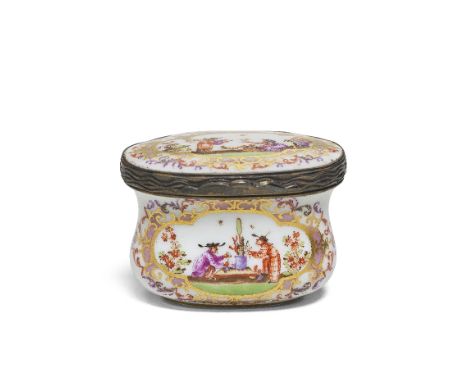 A silver-gilt-mounted oval snuff box in Meissen style, 19th centuryOf bombé shape, decorated with gilt cartouches enclosing l