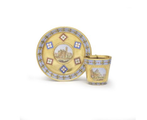 A Berlin cabinet cup and saucer, circa 1803-13Each with a finely-painted panel in imitation of micro-mosaic depicting the pyr