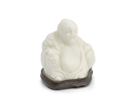 A Saint-Cloud silver-mounted pagoda snuff box, circa 1740In the white, moulded with flowering branches on his robes and flowe