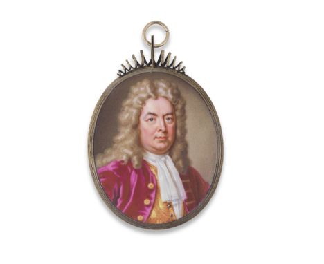 Christian Friedrich Zincke (German, circa 1683-1767)A Gentleman, head and shoulders facing right, in a crimson coat, white an