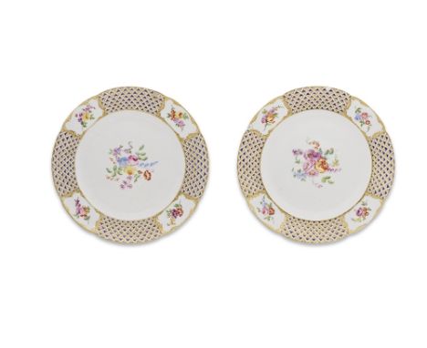 Two Sèvres 'bleu mosaique' plates, circa 1755-65Painted with bouquets of flowers under a border reserved with flower sprays w