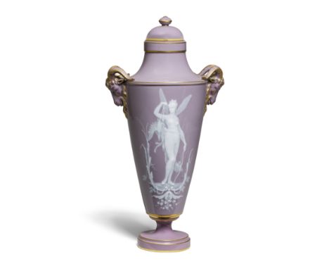 A Sèvres pâte-sur-pâte vase and cover (vase Boizot), circa 1897Of flared form applied with gilt-edged goats head handles, on 