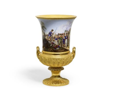 A Meissen porcelain vase, circa 1820Of Krater form painted with a continuous landscape scene depicting Prussian cavalry and F