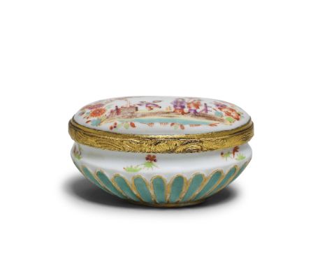 A gilt-metal-mounted Meissen-style oval snuff box, 19th century,Decorated with Oriental figures in elaborate landscapes of Ka
