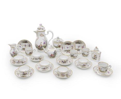 A Meissen part tea and coffee service, circa 1760Each piece moulded with rococo cartouches in low relief and painted with bir