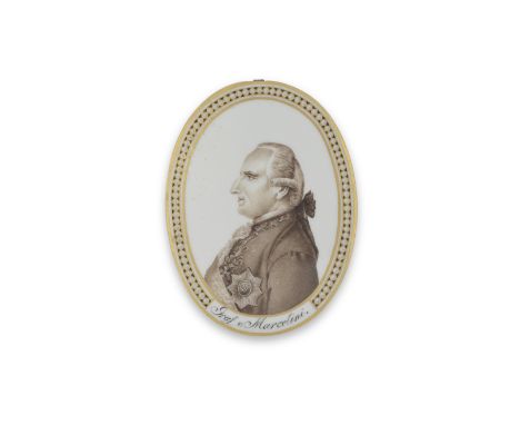 A Meissen oval portrait plaque of Count Camillo Marcolini, early 19th centuryPainted in sepia to sinister, within a gilt-edge