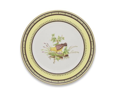 A Sèvres ornithological plate, circa 1794-95Decorated with a fond jonquille oiseaux, white fond with polychrome bird in lands