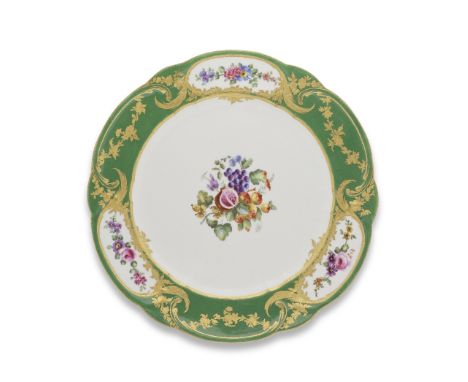 A Sèvres plate from the Comte de Châtelet service, circa 1767Decorated with a green border and three oval medallion set with 
