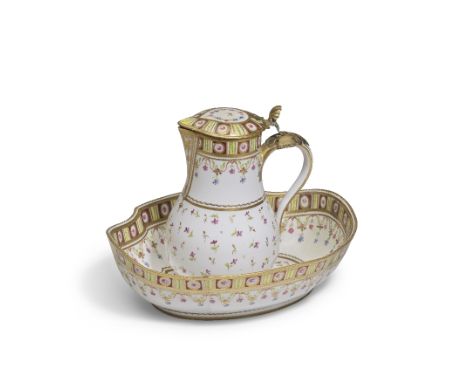 A Sèvres hard-paste covered ewer and basin, circa 1786Decorated with scattered flowers including cornflowers under a formal n