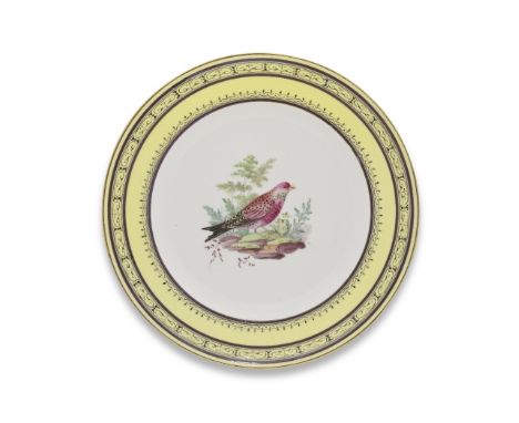 A Sèvres ornithological plate, circa 1794En suite with the previous lot, decorated with a fond jonquille oiseaux, white well 