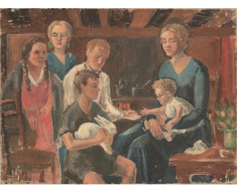 *KATHLEEN MURIEL SCALE (MURIEL HARDING-NEWMAN) (1913-2006) 'Family group in interior' oil on canvas, 37.5cm x 50.5cm (unframe