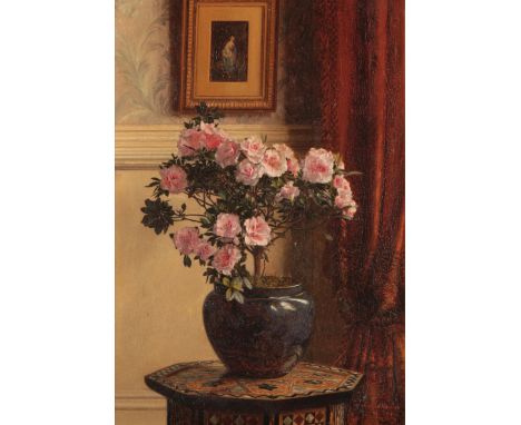 JESSICA HAYLLAR (1858-1940) Pink Roses signed and dated 1904 lower right, oil on board, 25cm x 17.5cmNote: The eldest daughte