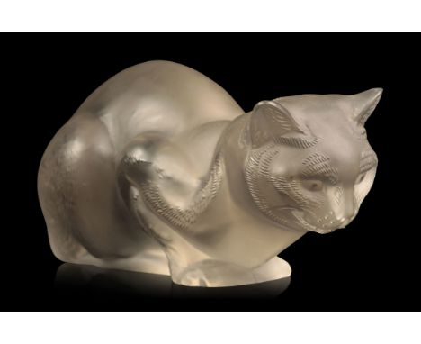 LALIQUE: A FROSTED GLASS MODEL OF A CROUCHING CAT 'CHAT COUCHE'Marcilhac page 491, introduced circa 1932, etched signature "R