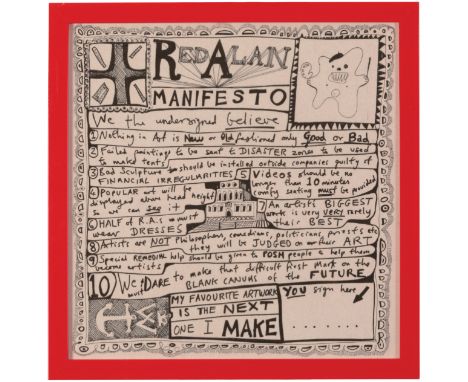 *SIR GRAYSON PERRY (B. 1960) 'Red Alan Manifesto' digital print on napkin, 32.2cm x 32.2cmFramed dimensions: 36.3cm x 36.3cm