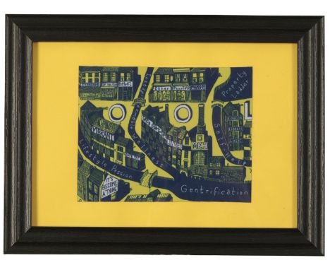 *SIR GRAYSON PERRRY (b. 1960) 'Gentrification cloth' digital print on fabric, 15cm x 19cm, (framed and glazed, 26cm x 35cm ov