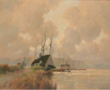 *ALEXANDRE LOUIS JACOB (1876-1972) 'Le Vieux Moulin - Bords de la Marine' French river landscape with cottages and a figure f