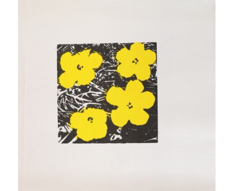 Andy Warhol. Flowers. Printed in black, white and yellow on linen. Bears the â€œAndy Warholâ€ signature in felt pen on the ba