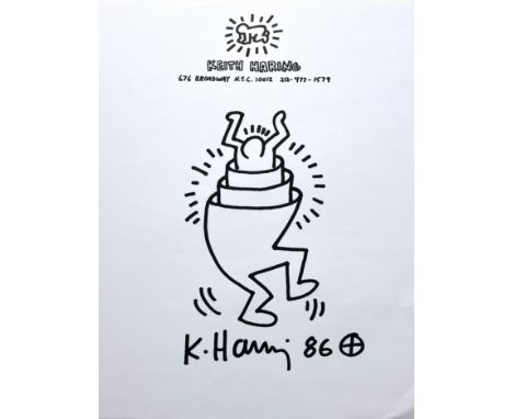 Keith Haring. Letterhead from the Keith Haring workshop embellished with a black felt pen drawing. Signed "K. Haring". "We at