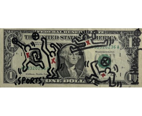Keith Haring. â€œSportsâ€. Felt pen drawing on a dollar bill from The United States Of America. Signed "K. Haring". Dated 88.