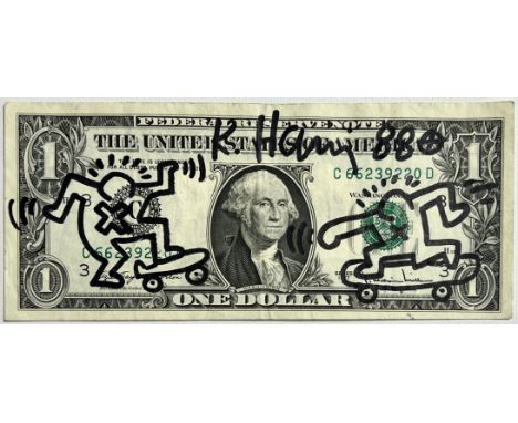 Keith Haring. Felt pen drawing on a dollar bill from The United States Of America. Signed "K. Haring". Dated 88. Dimensions: 