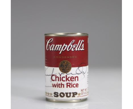 Andy Warhol (after). Campbell's Soup "Chiken with rice". Metal tin can. Signed "Andy Warhol" in marker on the label. Stamp of