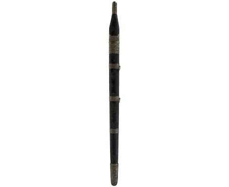 70cm triple fullered broad sword blade, characteristic white metal mounted hilt decorated with bands of geometric shapes and 