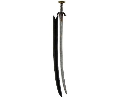 76cm curved blade inlaid in brass with two crescents to one side, characteristic hilt with downturned crossguard, later cast 