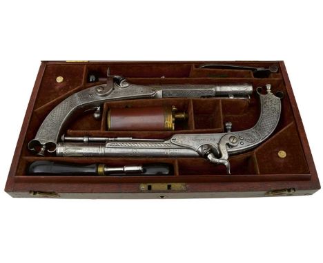 7inch three-stage scroll engraved barrels, stepped locks signed D &amp; J FRASER, full stocked profusely engraved with scroll
